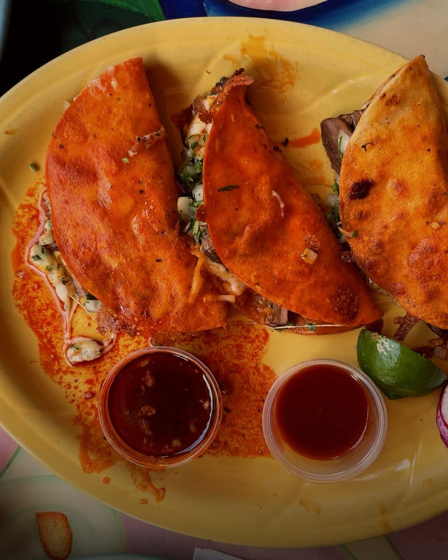 Taco de quesabirria abierto con hebras de queso fundido, sopeado en consomé